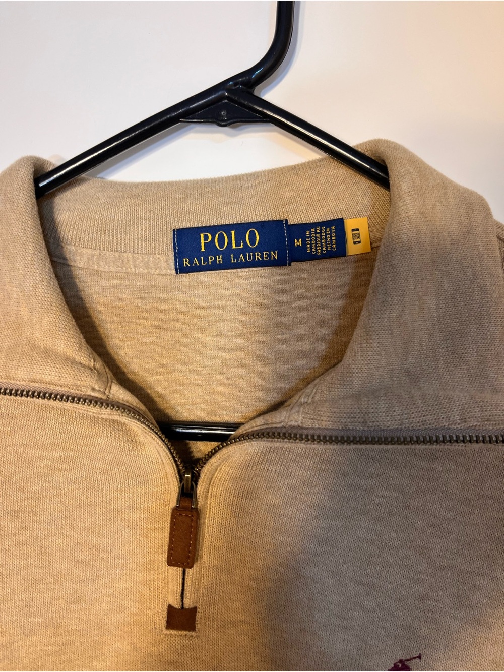 Ralph Lauren Men's Tan Quarter-Zip Sweater with Maroon Pony - Picture 2 of 8